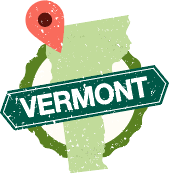 Outline of the state of Vermont with a location pin on it.
